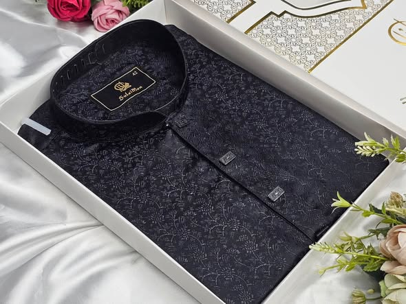 Luxury Midnight Black Katan Jacquard Panjabi